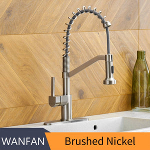 WANFAN Modern Polished Chrome Brass Kitchen Sink Faucet Pull Out Single Handle Swivel Spout Vessel Sink Mixer Tap 9013