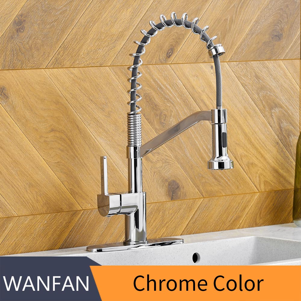 WANFAN Modern Polished Chrome Brass Kitchen Sink Faucet Pull Out Single Handle Swivel Spout Vessel Sink Mixer Tap 9013