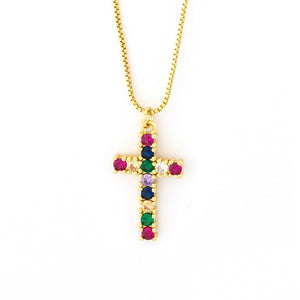 Rainbow Cross Crystal Pendant Gold Chain Necklace AAA Shiny Cubic Zirconia Choker Necklaces Fashion Jewelry Gifts For Women