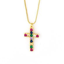 Load image into Gallery viewer, Rainbow Cross Crystal Pendant Gold Chain Necklace AAA Shiny Cubic Zirconia Choker Necklaces Fashion Jewelry Gifts For Women