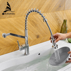 WANFAN Modern Polished Chrome Brass Kitchen Sink Faucet Pull Out Single Handle Swivel Spout Vessel Sink Mixer Tap 9013