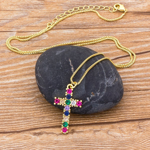 Rainbow Cross Crystal Pendant Gold Chain Necklace AAA Shiny Cubic Zirconia Choker Necklaces Fashion Jewelry Gifts For Women