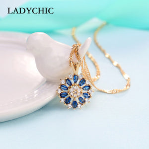 LADYCHIC Blue Crystal Charm Necklaces & Pendants Gold Color AAA Quality Zircon Flower Design Women Gifts Wholesale LN1137