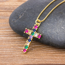 Load image into Gallery viewer, Rainbow Cross Crystal Pendant Gold Chain Necklace AAA Shiny Cubic Zirconia Choker Necklaces Fashion Jewelry Gifts For Women